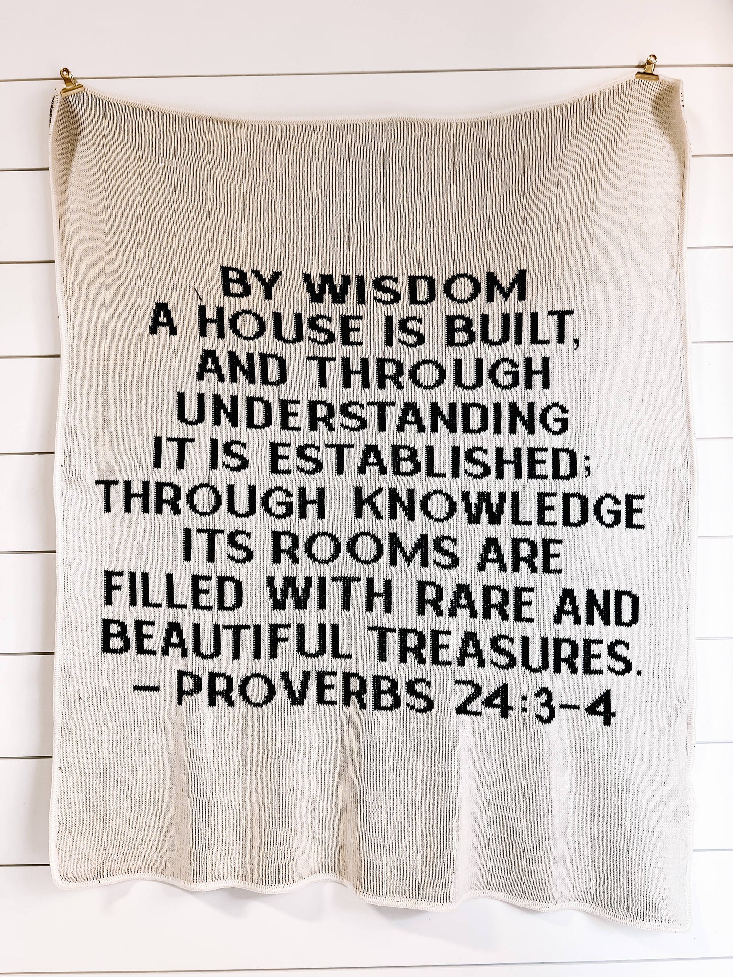 Made in the USA | Proverbs 24:3-4 Block Knit Throw | Natural: Throw Size 50"x60"